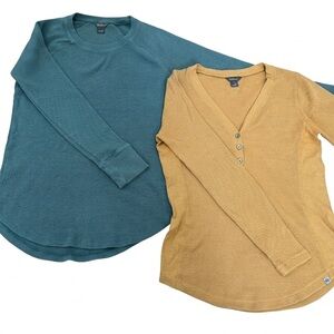 Eddie Bauer Women’s Cozy Long Sleeve Waffle Knit Tees XS Teal and Yellow